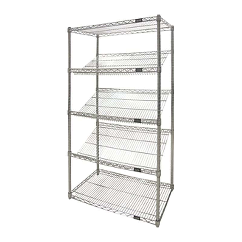 Slanted wire shelving unit with angled and flat shelves