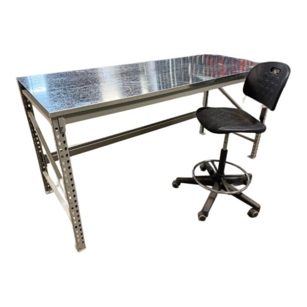 System 800 style workbench with galvanized top and industrial shop stool