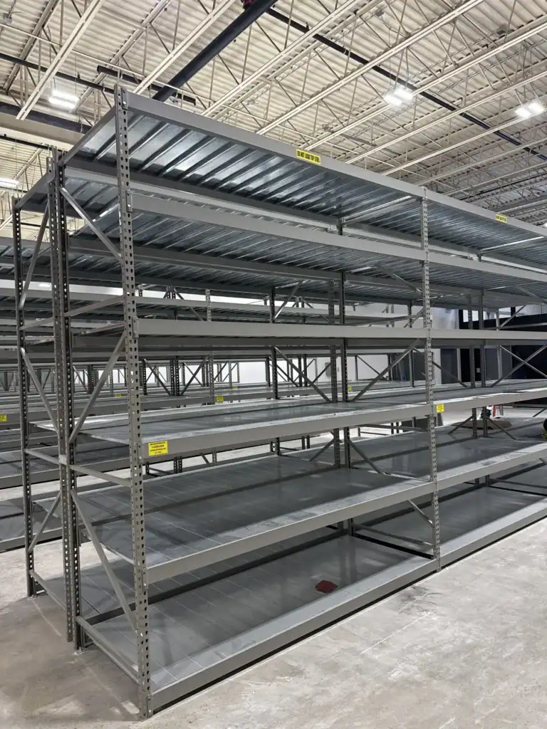 System 800 shelving bay with multiple steel shelf levels