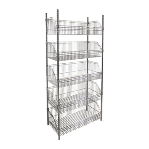 Wire basket shelving unit with five basket shelves