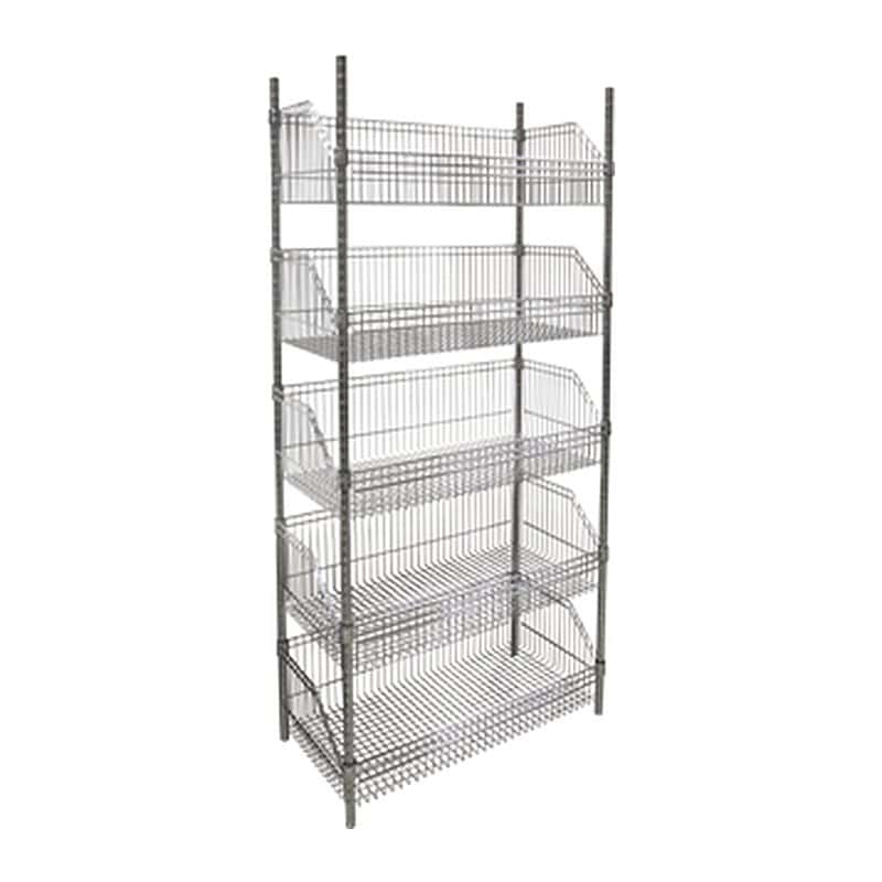 Wire basket shelving unit with five basket shelves