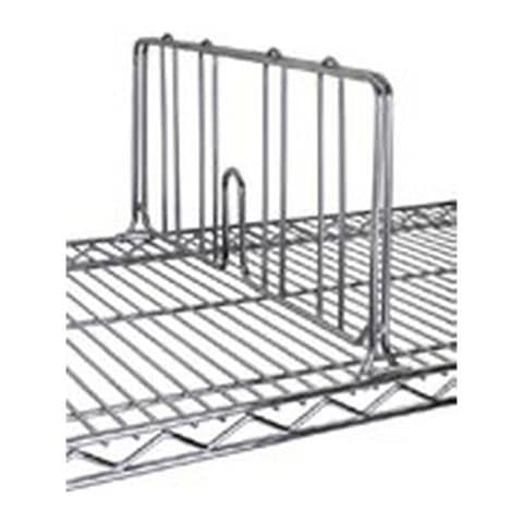 Wire shelf divider mounted on a chrome wire shelf