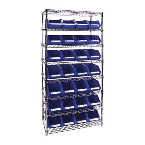Chrome wire shelving unit with blue plastic storage bins