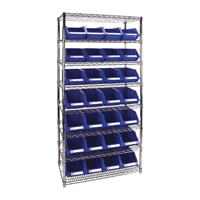 Chrome wire shelving unit with blue plastic storage bins
