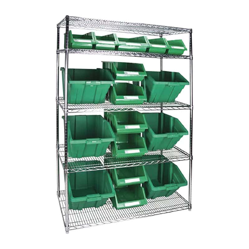 Chrome wire shelving unit with green storage bins in mixed sizes