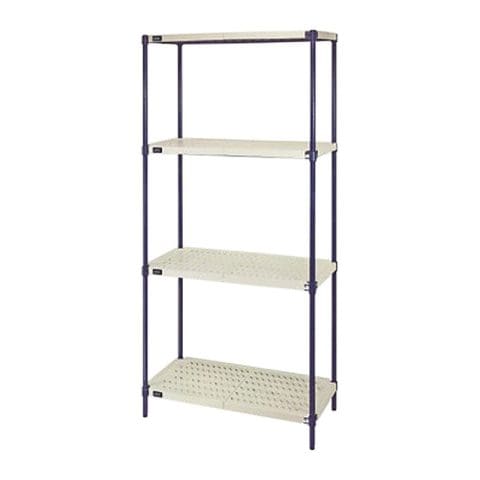 Wire shelving unit with blue frame and white plastic shelves