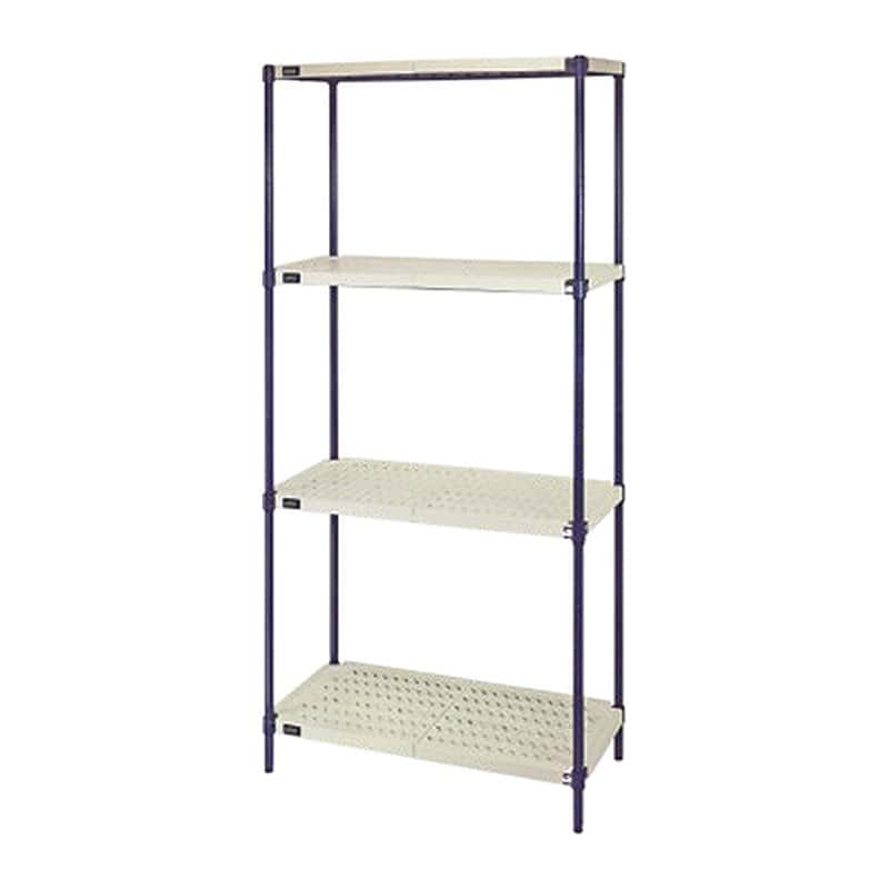 Wire shelving unit with blue frame and white plastic shelves