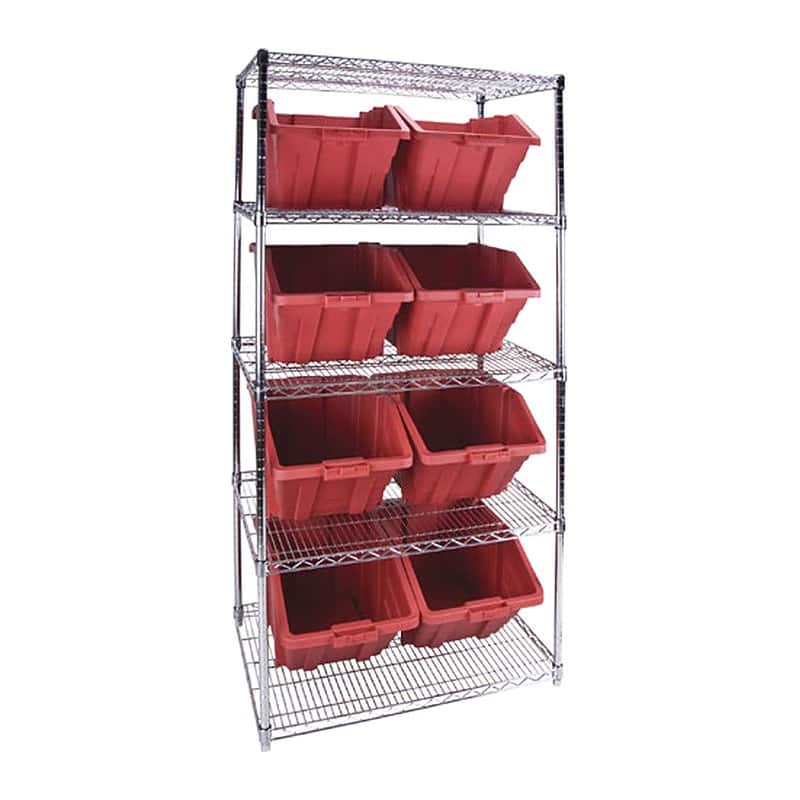 Chrome wire shelving unit with large red storage bins