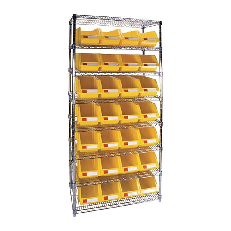 Chrome wire shelving unit with yellow plastic storage bins