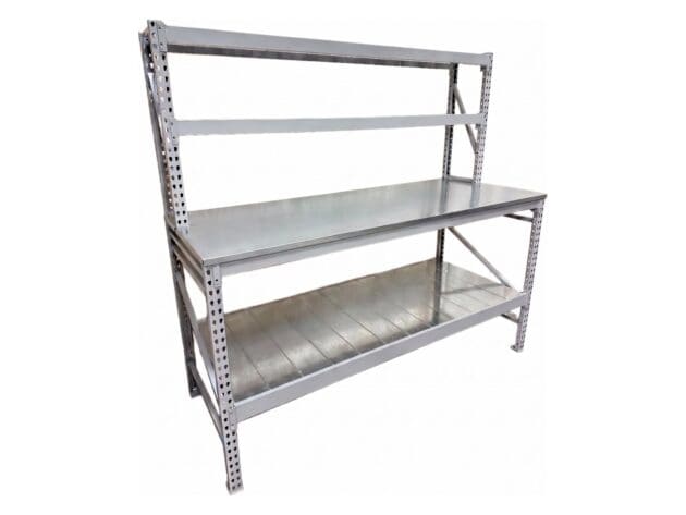 Workbench with riser and bottom shelf, angled view