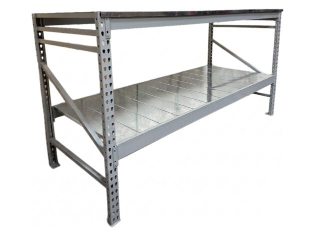 Workbench with galvanized bottom shelf, angled view