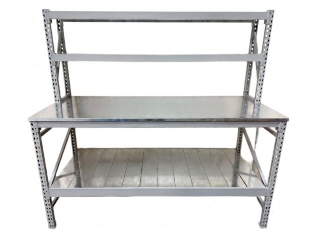 Workbench with riser shelf and galvanized bottom shelf