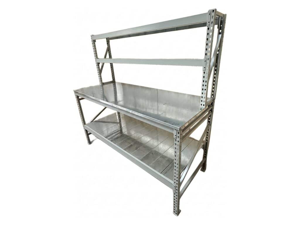 Workbench with riser shelf, side view