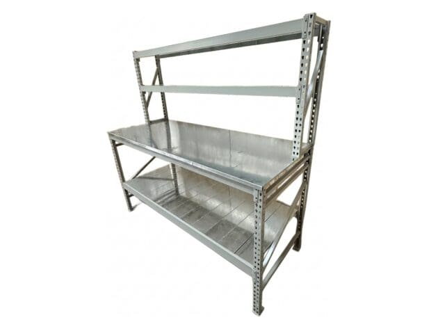 Workbench with riser shelf, side view