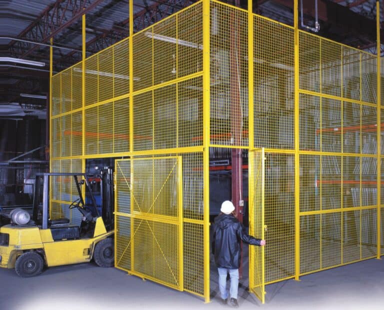 Yellow wire mesh partition enclosure with swing door